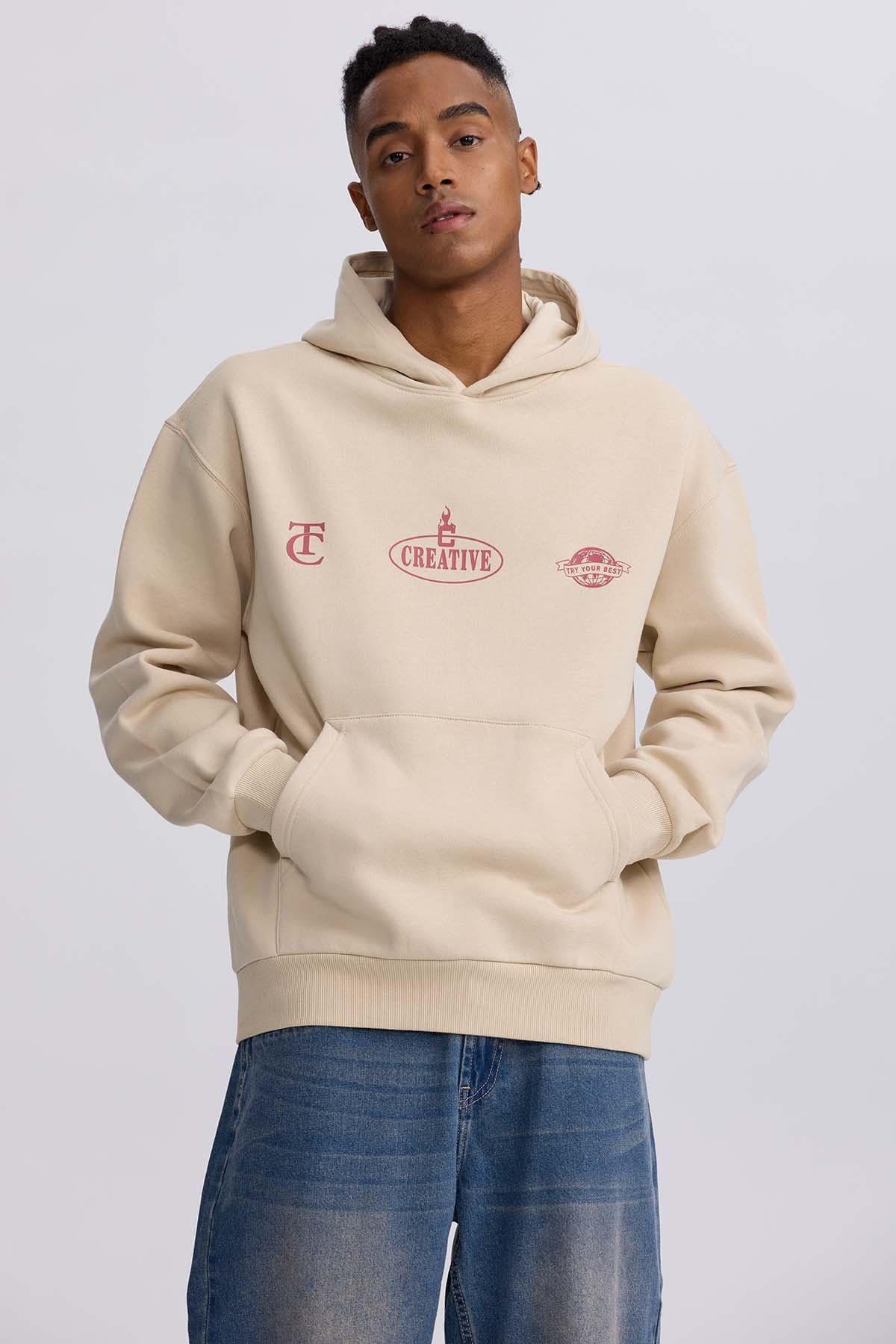 Polerón Hombre Hoodie Doble Print Beige-0