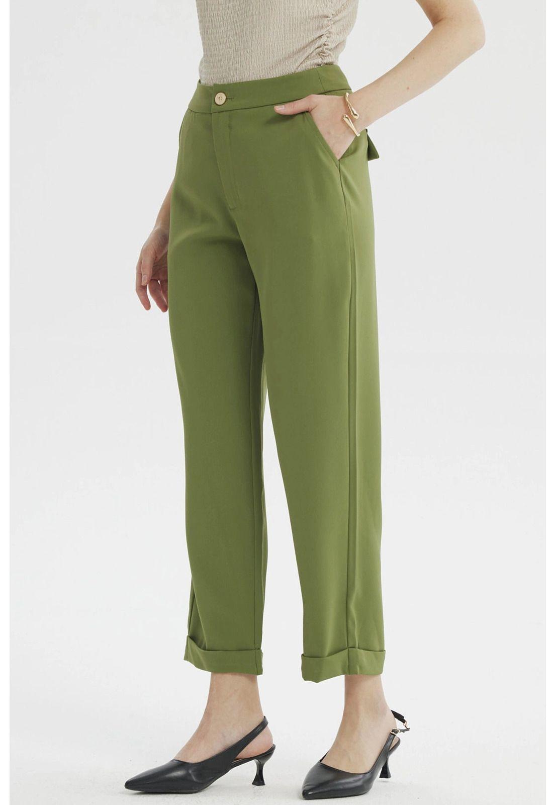 Pantalón Mujer Sastrero Dobladillo Basta Verde Olivo-1