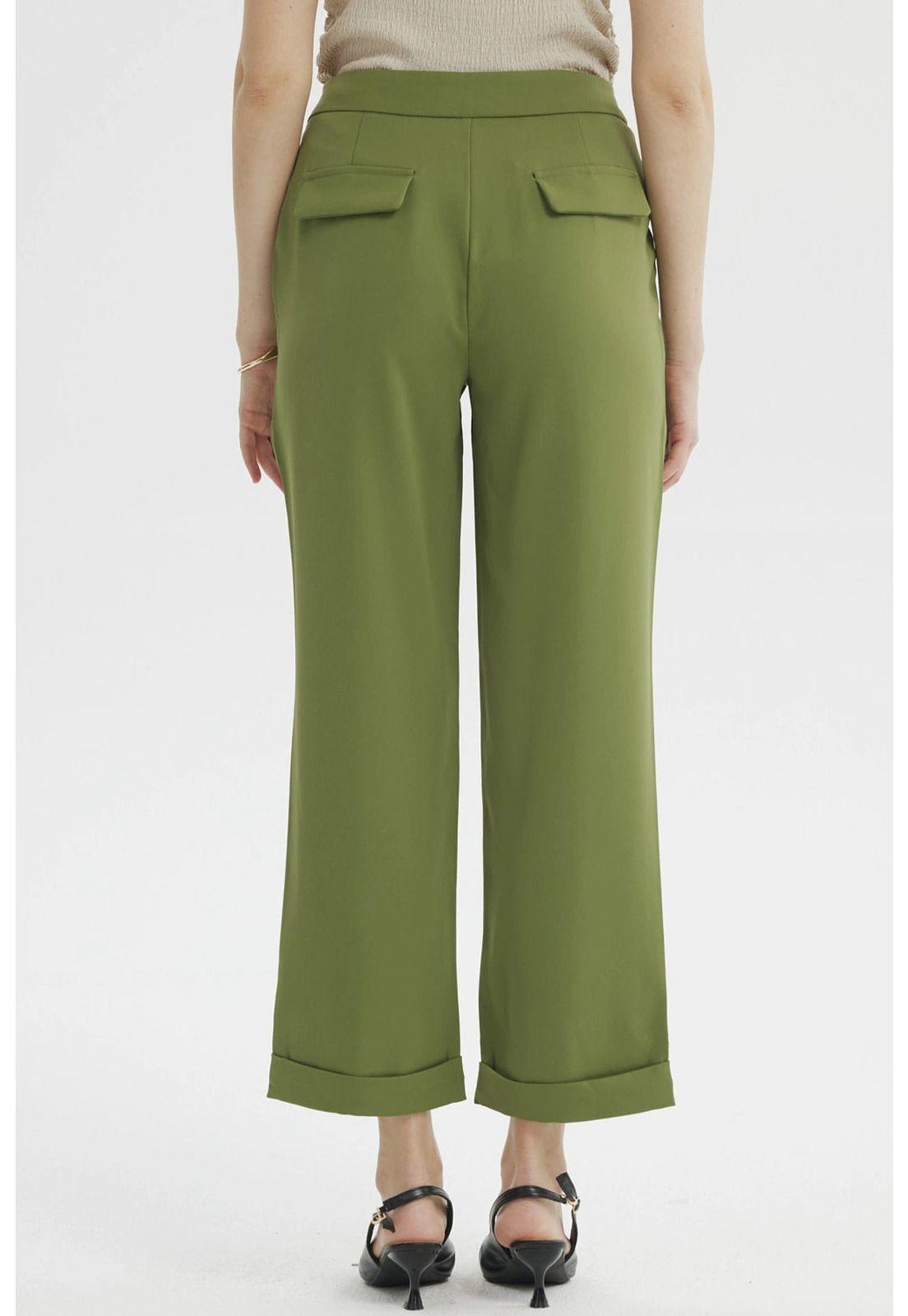 Pantalón Mujer Sastrero Dobladillo Basta Verde Olivo-2