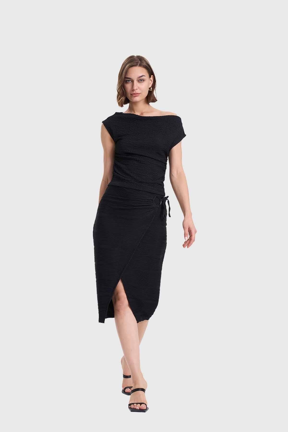 Falda Mujer Midi Cruzada Aplicación Argolla Negro-3