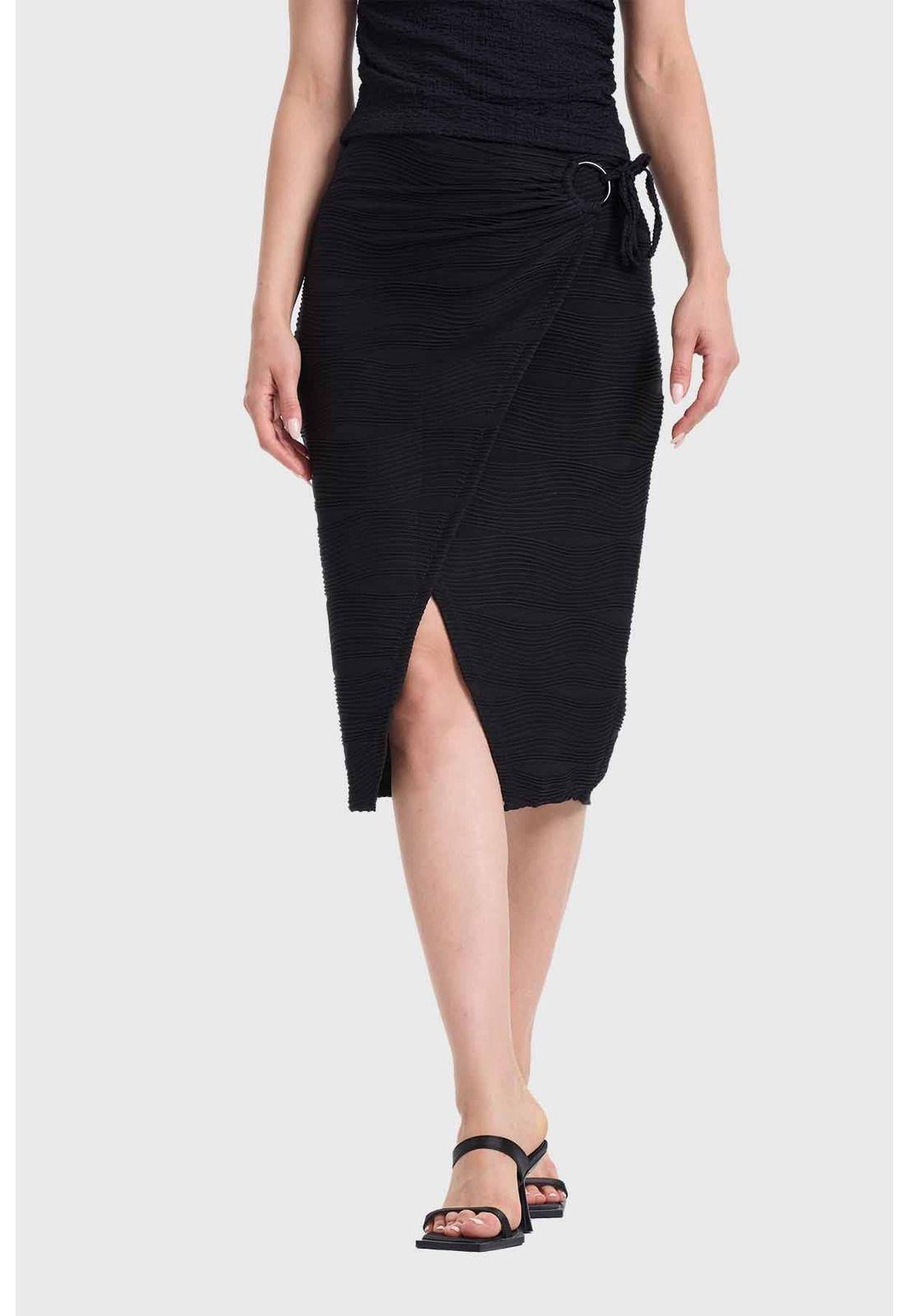Falda Mujer Midi Cruzada Aplicación Argolla Negro-1