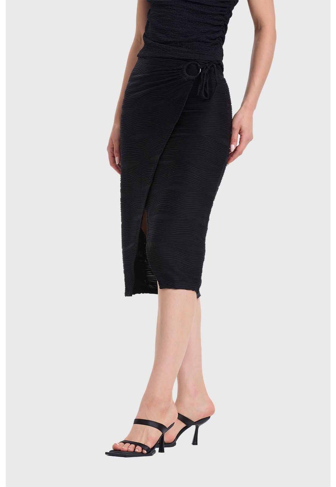 Falda Mujer Midi Cruzada Aplicación Argolla Negro-2