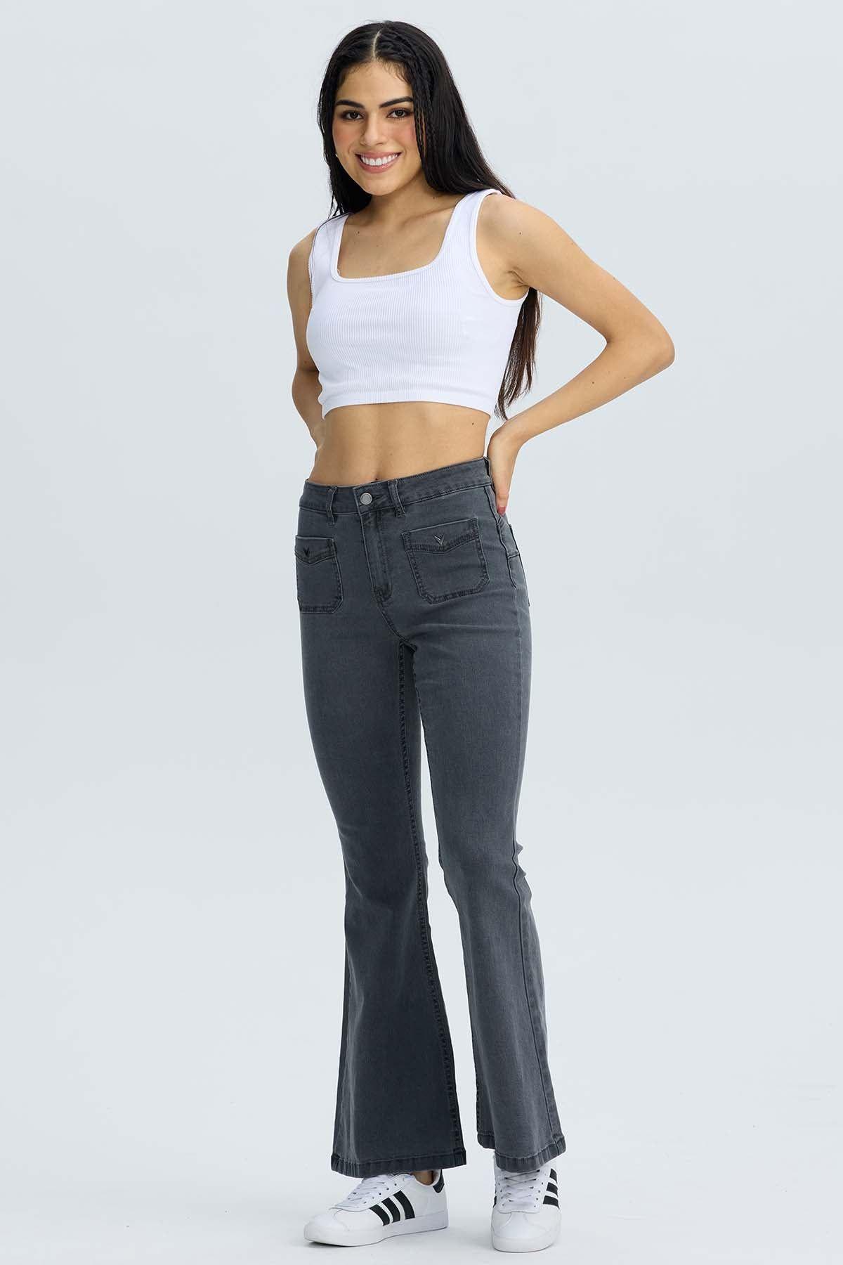 Jeans Mujer Flare Detalle Gris-3