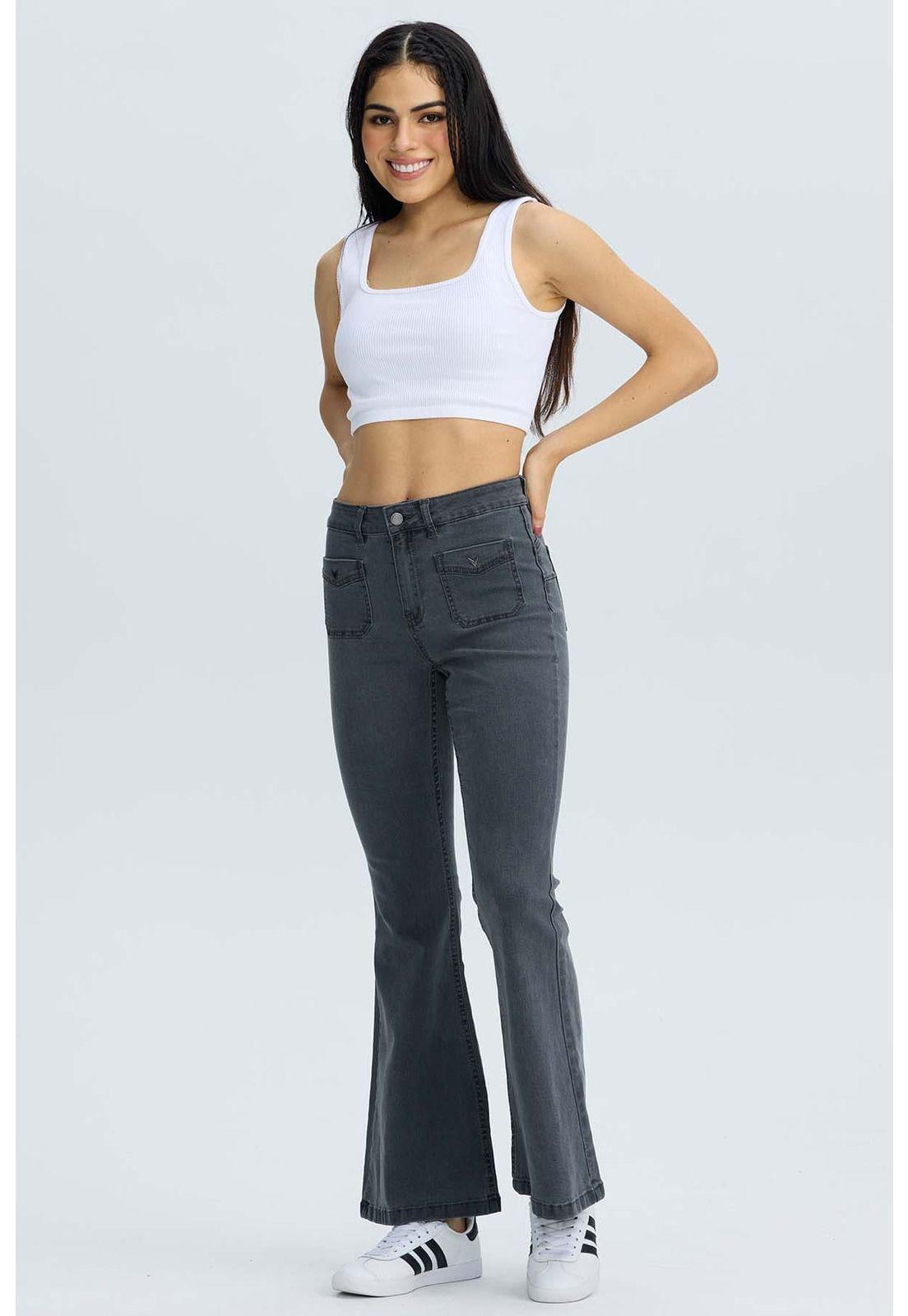 Jeans Mujer Flare Detalle Gris-0