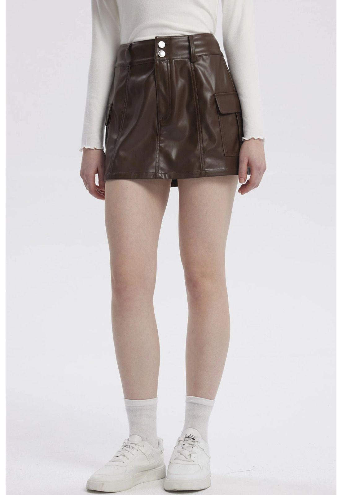 Falda Mujer Efecto Cuero Tableada Café Oscuro-0