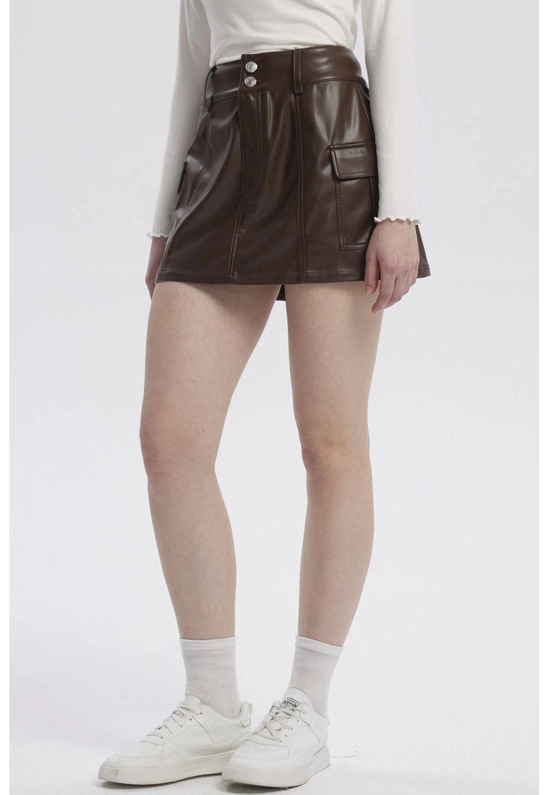 Falda Mujer Efecto Cuero Tableada Café Oscuro-1