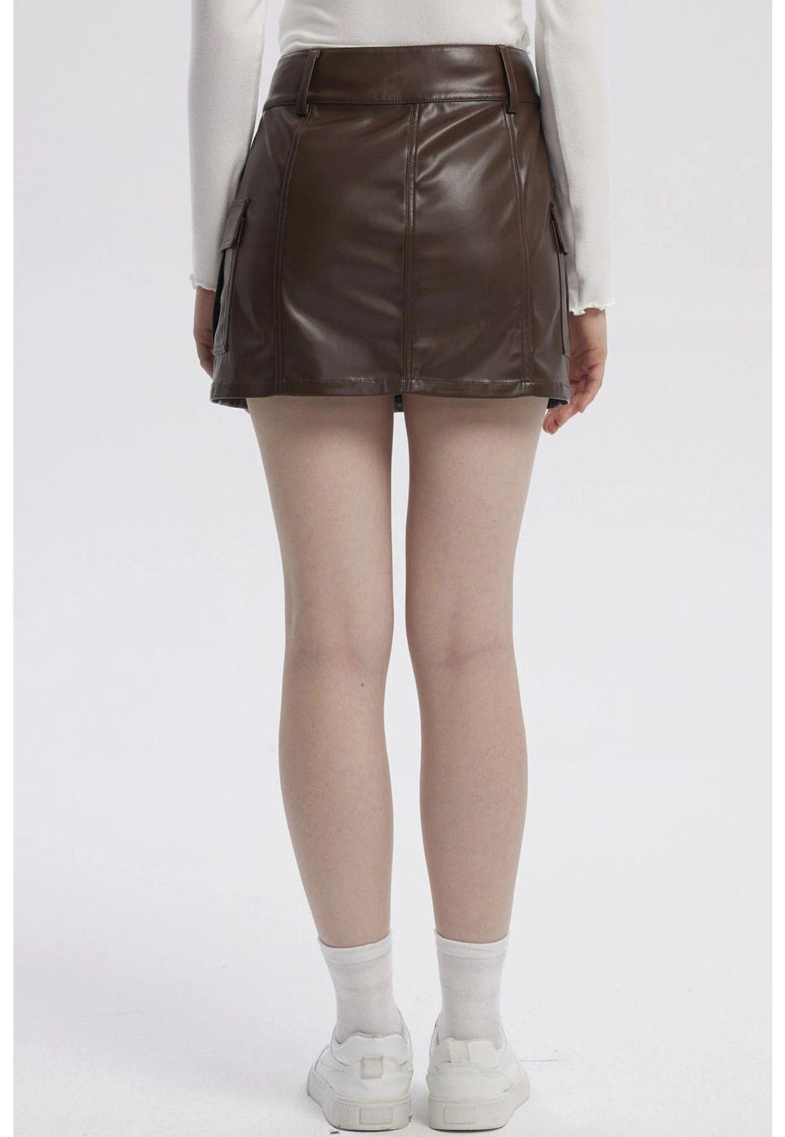 Falda Mujer Efecto Cuero Tableada Café Oscuro-2