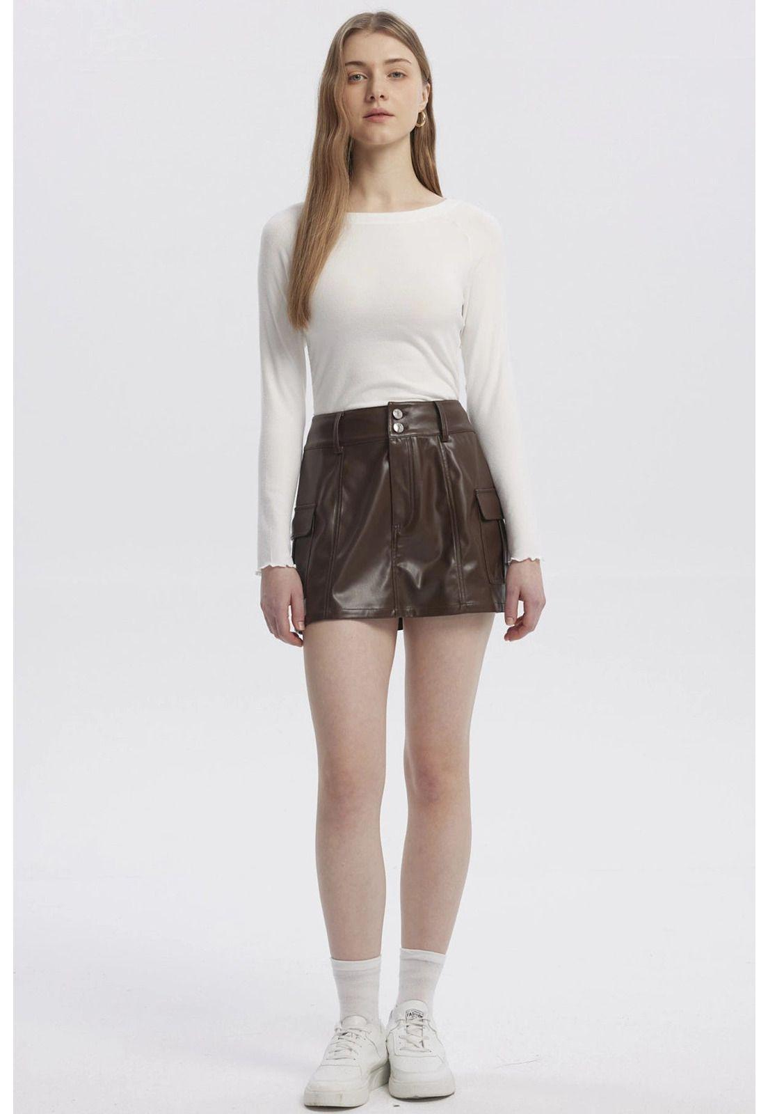 Falda Mujer Efecto Cuero Tableada Café Oscuro-3