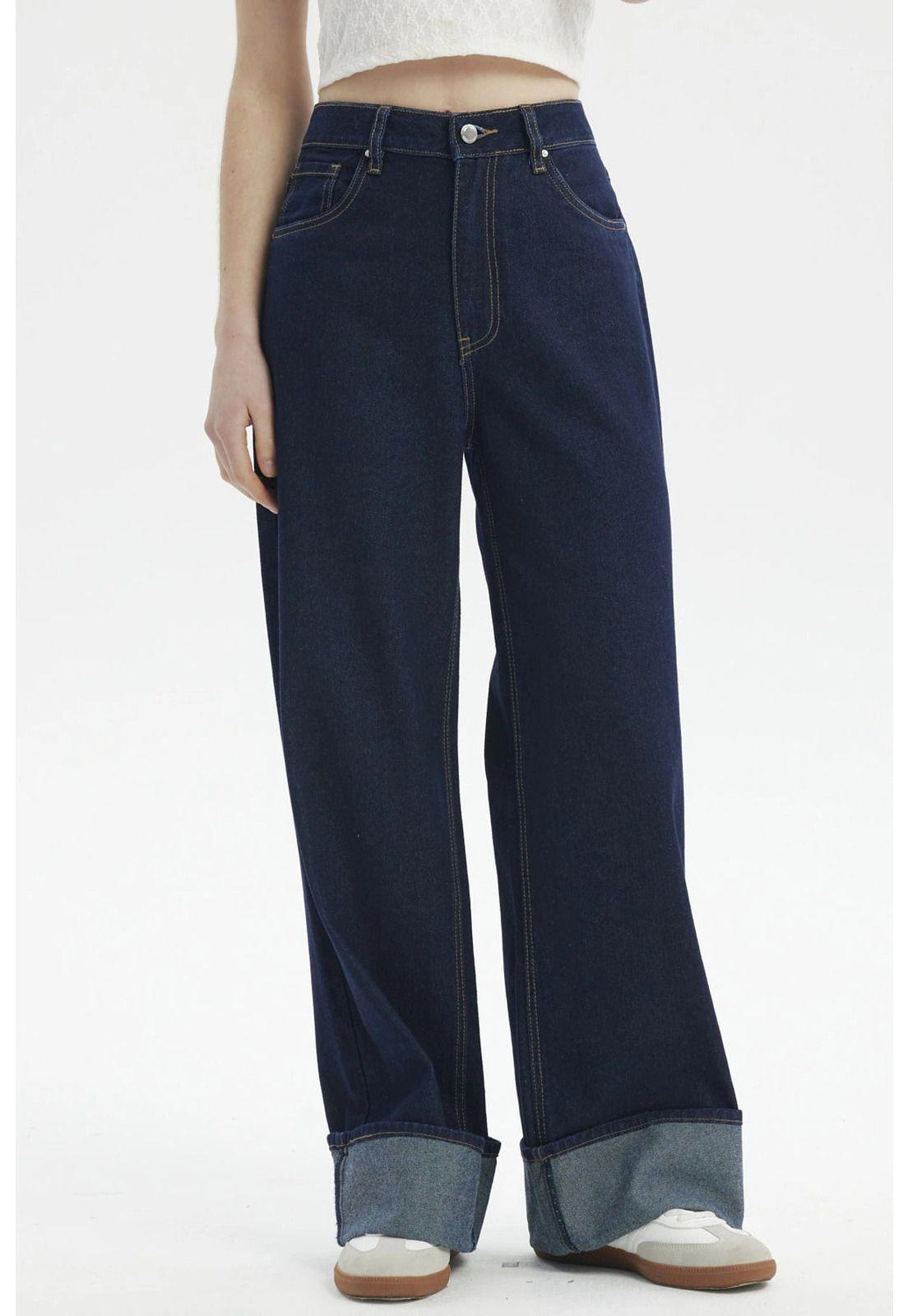 Jeans Mujer Wide Leg Cuffed Azul Oscuro-0