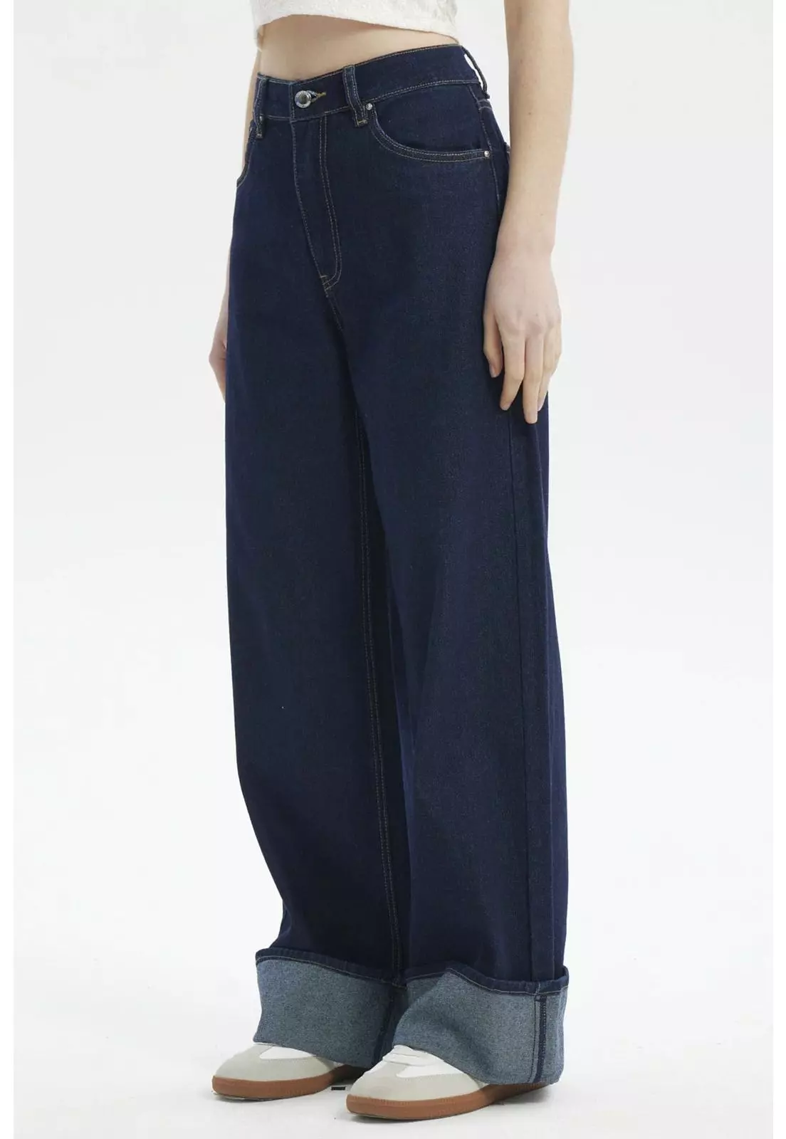 Jeans Mujer Wide Leg Cuffed Azul Oscuro-1