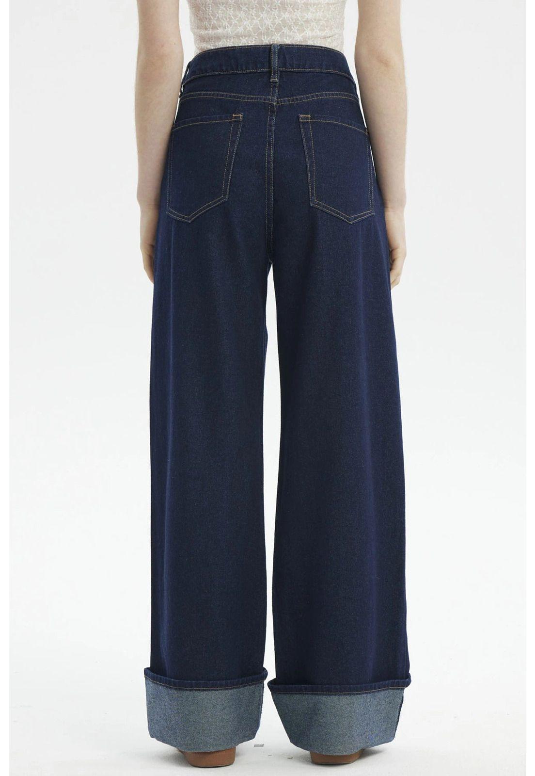 Jeans Mujer Wide Leg Cuffed Azul Oscuro-2