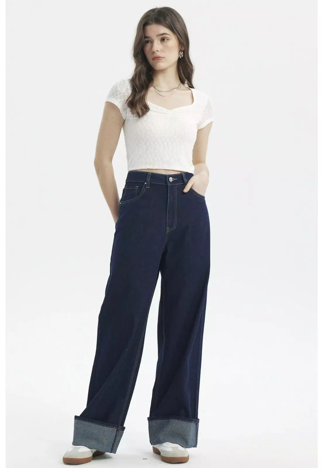 Jeans Mujer Wide Leg Cuffed Azul Oscuro-3