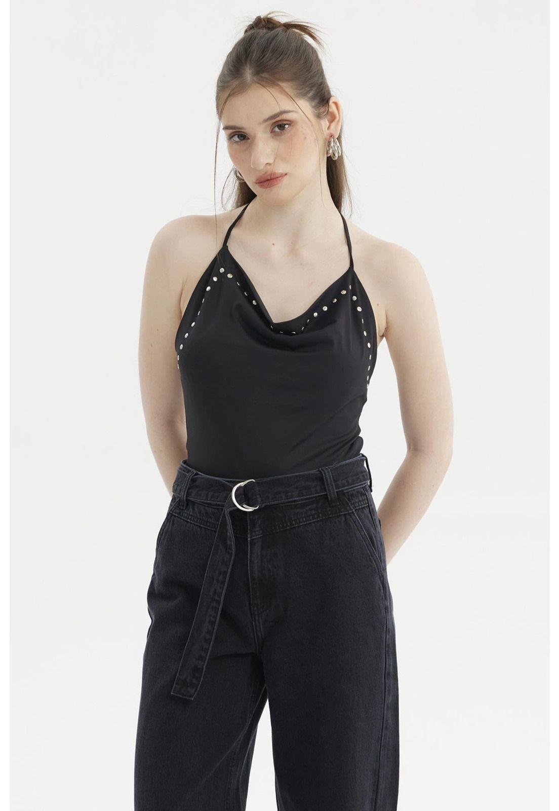 Peto Mujer Escote Drapeado Aplicación Strass Negro-0