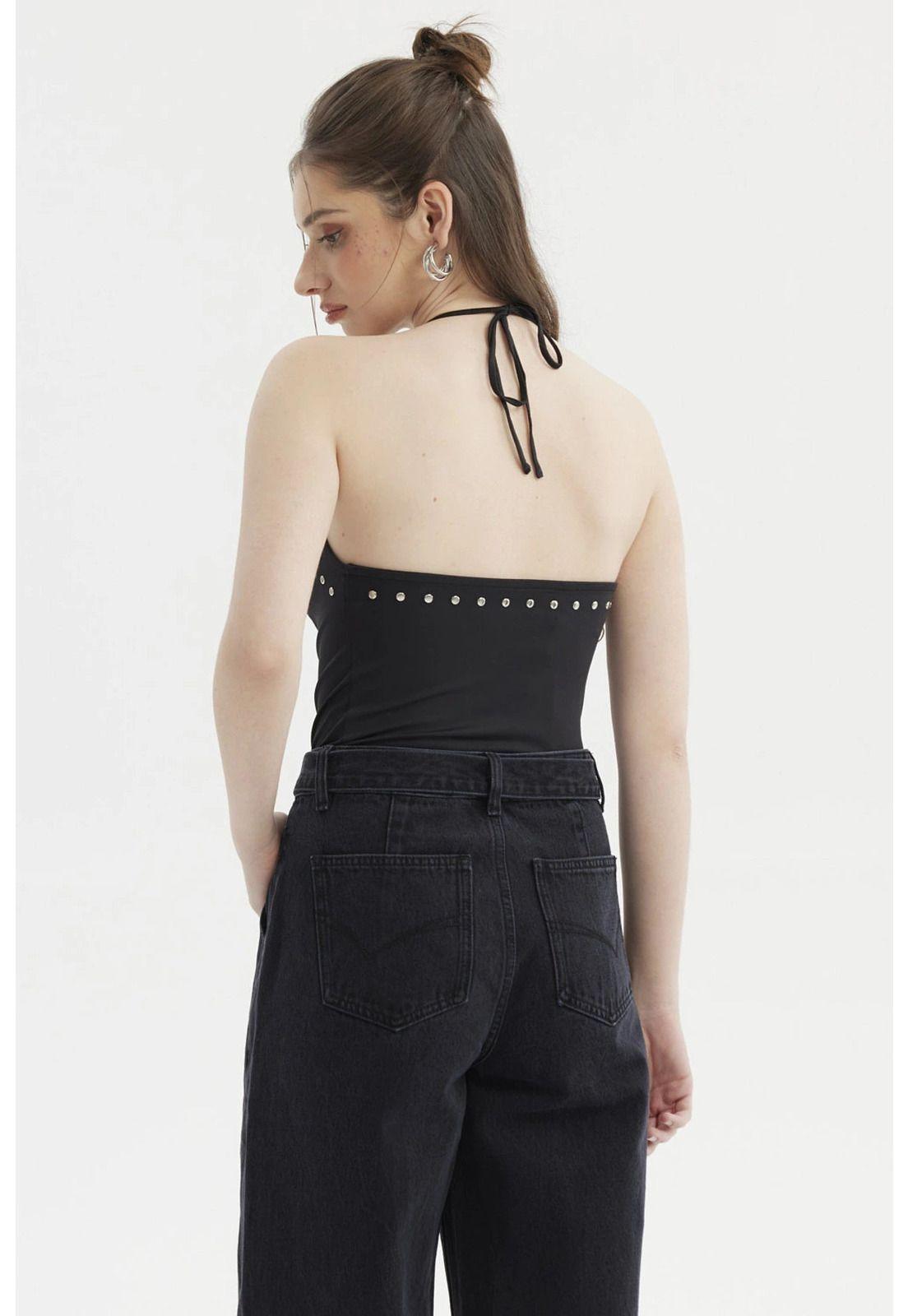 Peto Mujer Escote Drapeado Aplicación Strass Negro-1