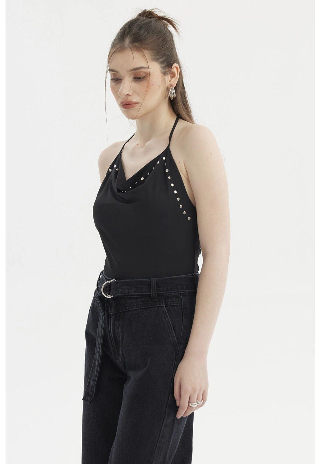 Peto Mujer Escote Drapeado Aplicación Strass Negro-2