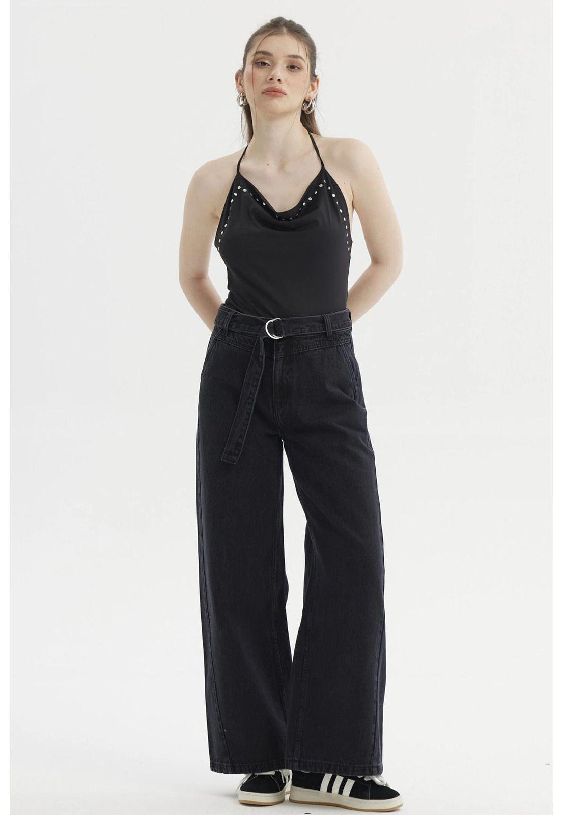 Peto Mujer Escote Drapeado Aplicación Strass Negro-3