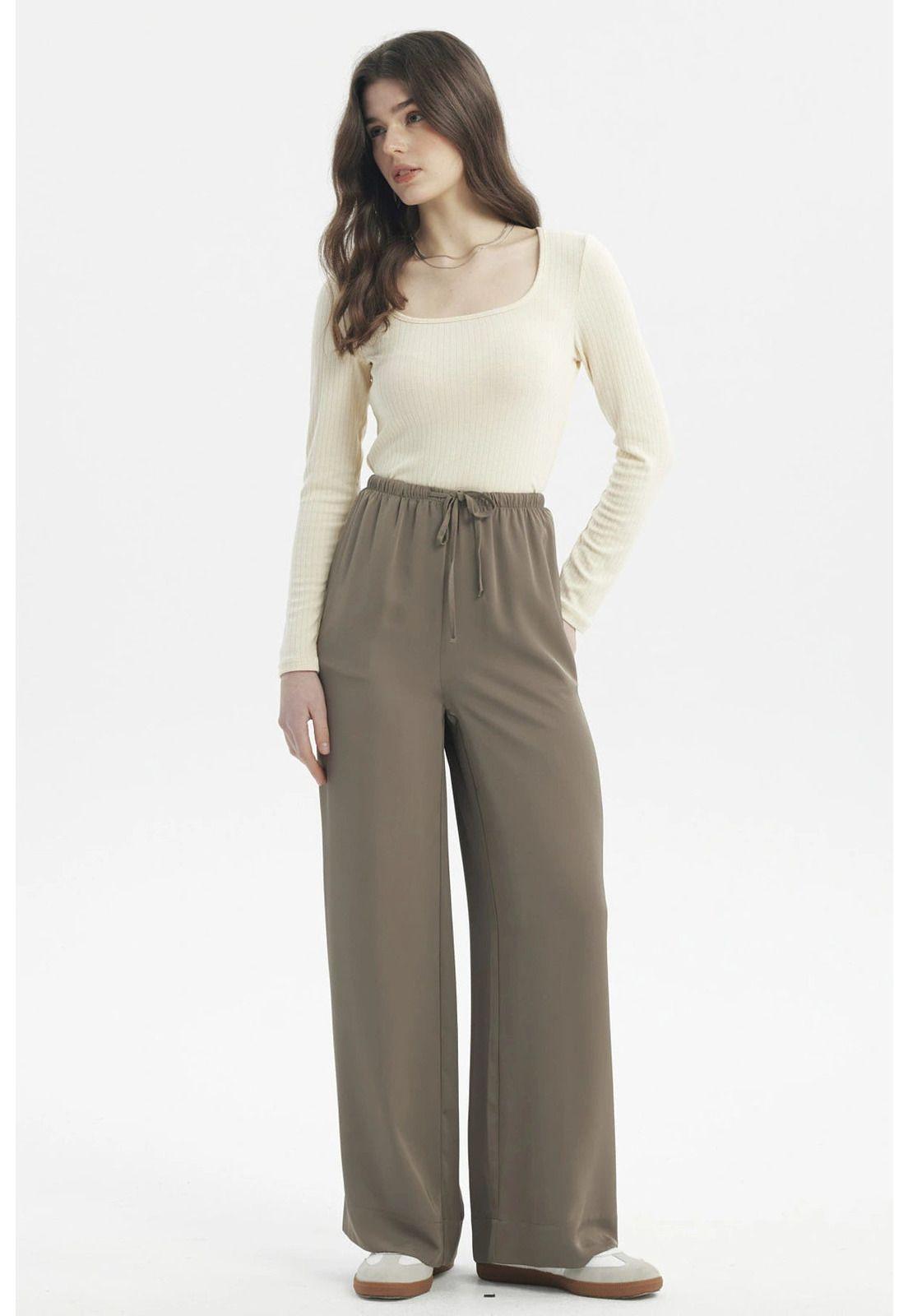 Pantalón Mujer Holgado Amplio Con Cordón Verde Militar Claro-3