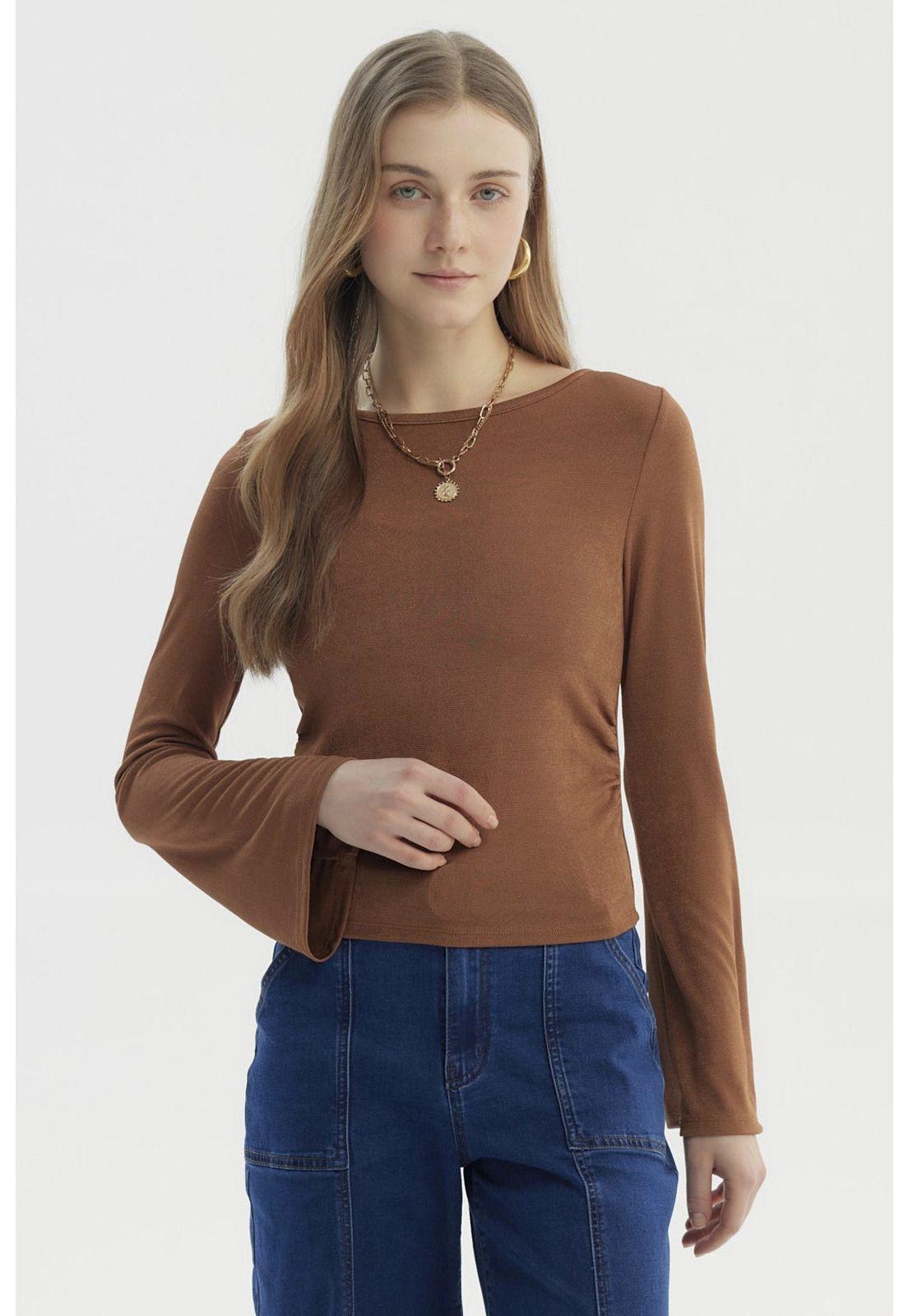 Polera Mujer Flare Recogidos Camel Oscuro-0