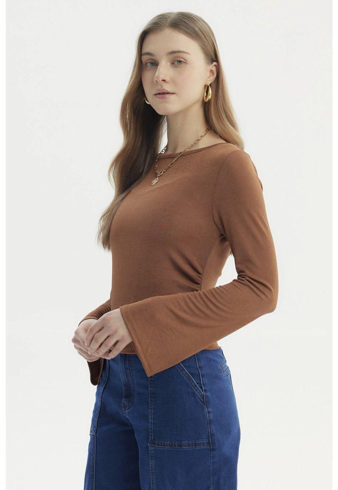 Polera Mujer Flare Recogidos Camel Oscuro-1