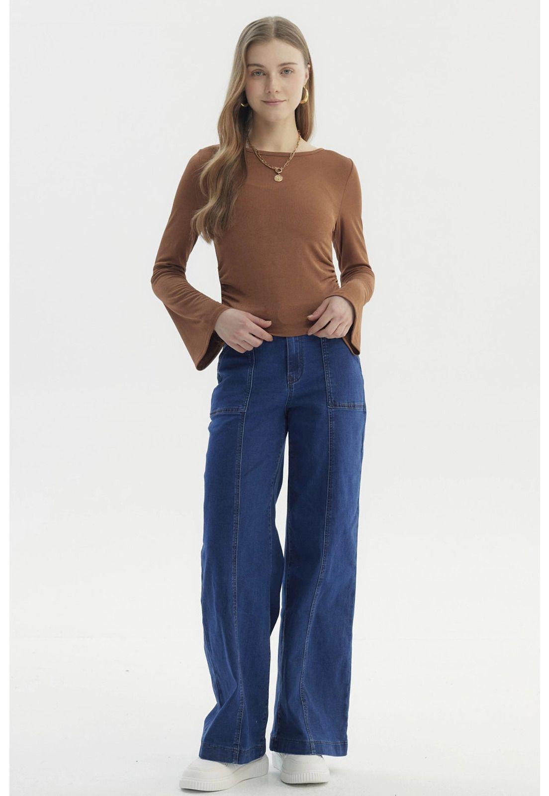 Polera Mujer Flare Recogidos Camel Oscuro-3