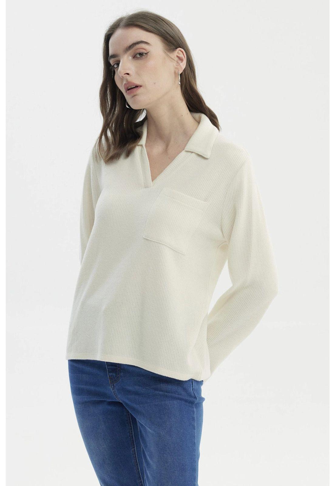 Sweater Mujer Slim Cuello Camisero Crema-1