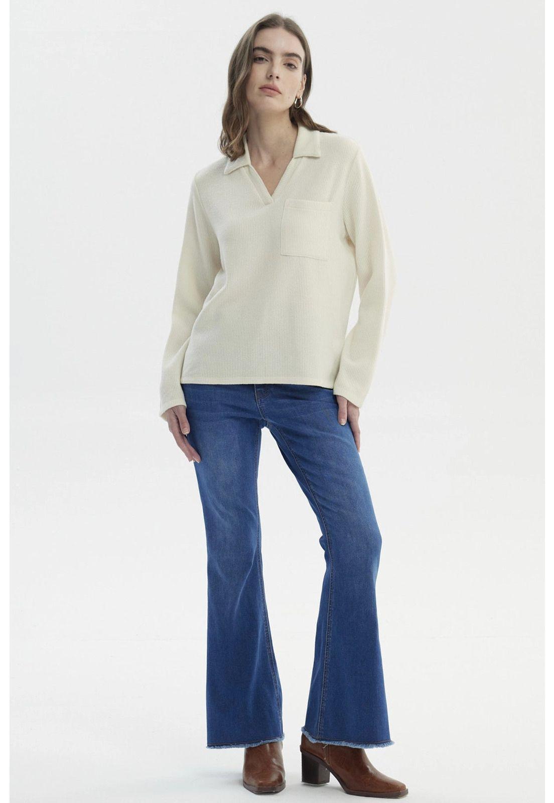 Sweater Mujer Slim Cuello Camisero Crema-3
