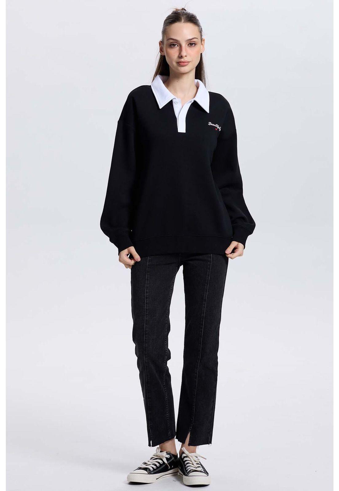 Polerón Mujer Media Pata Abotonada Negro-3