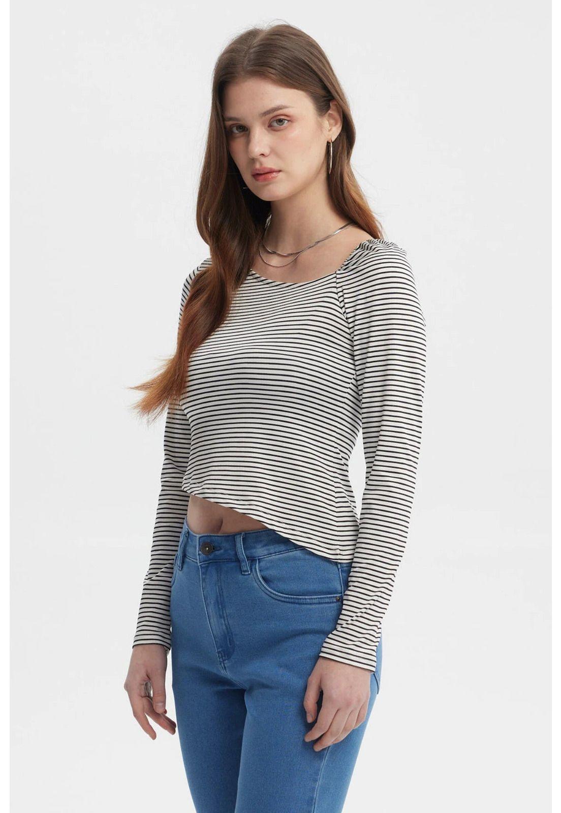 Polera Mujer Asimétrica Rayas Crudo-1