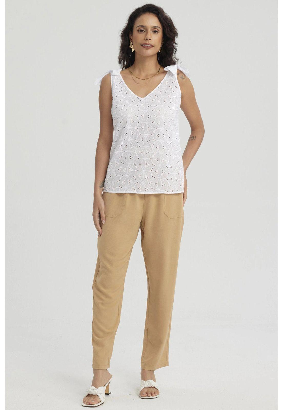 Blusa Mujer Broderie Aplicación Nudo Blanco-3