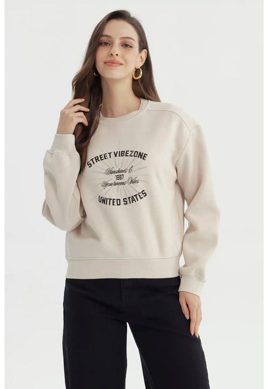 Polerón Mujer Adorno Print Beige Claro-0