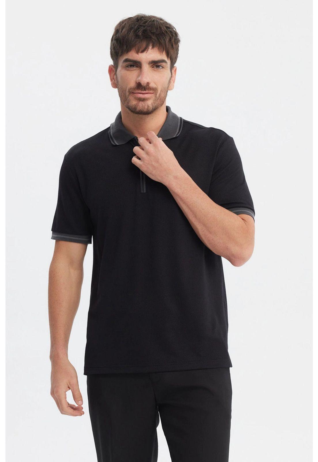 Polera Hombre Textura Cierre Polo Negro-0