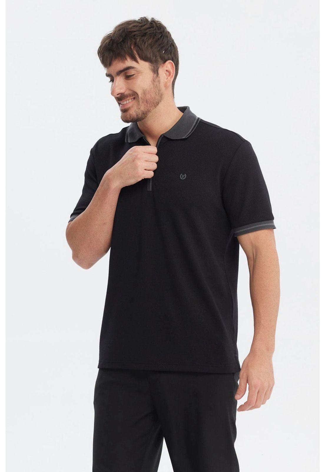 Polera Hombre Textura Cierre Polo Negro-1