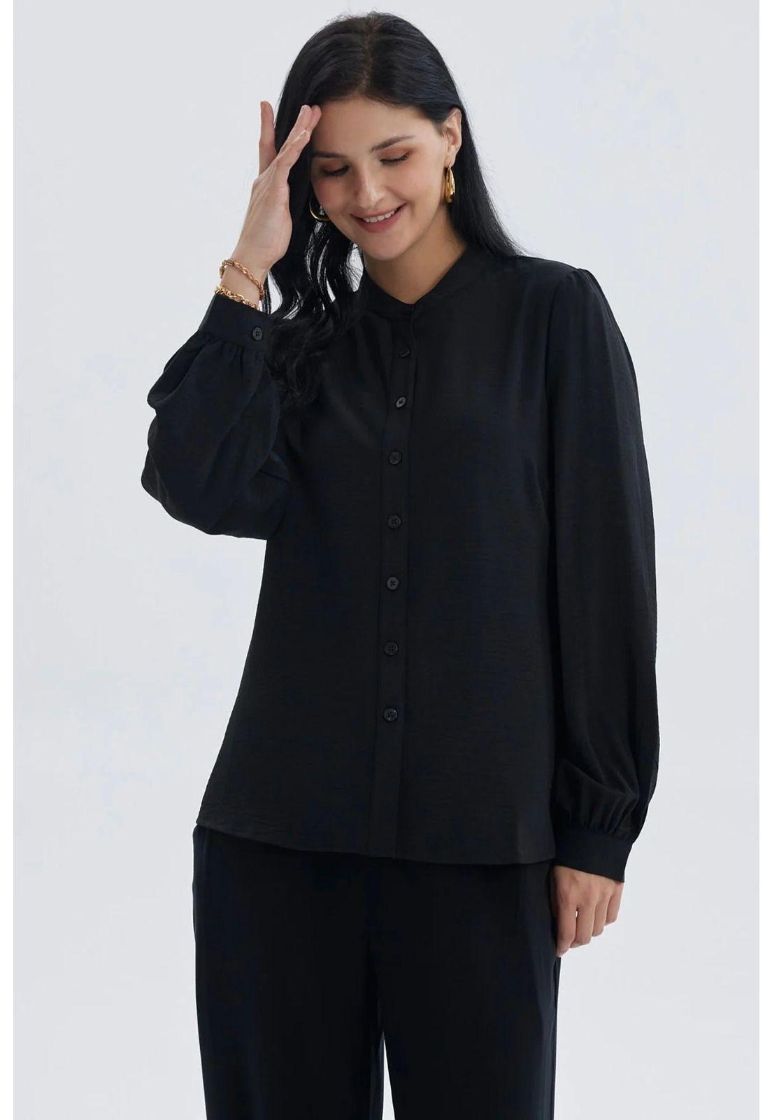 Blusa Mujer Manga Ancha Pata Botón Negro-0