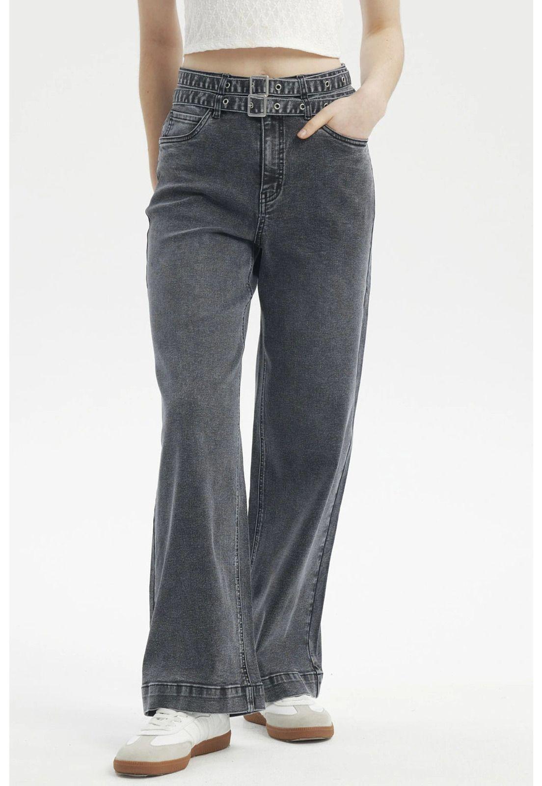 Jeans Mujer Calce Recto Doble Cintura Gris-0