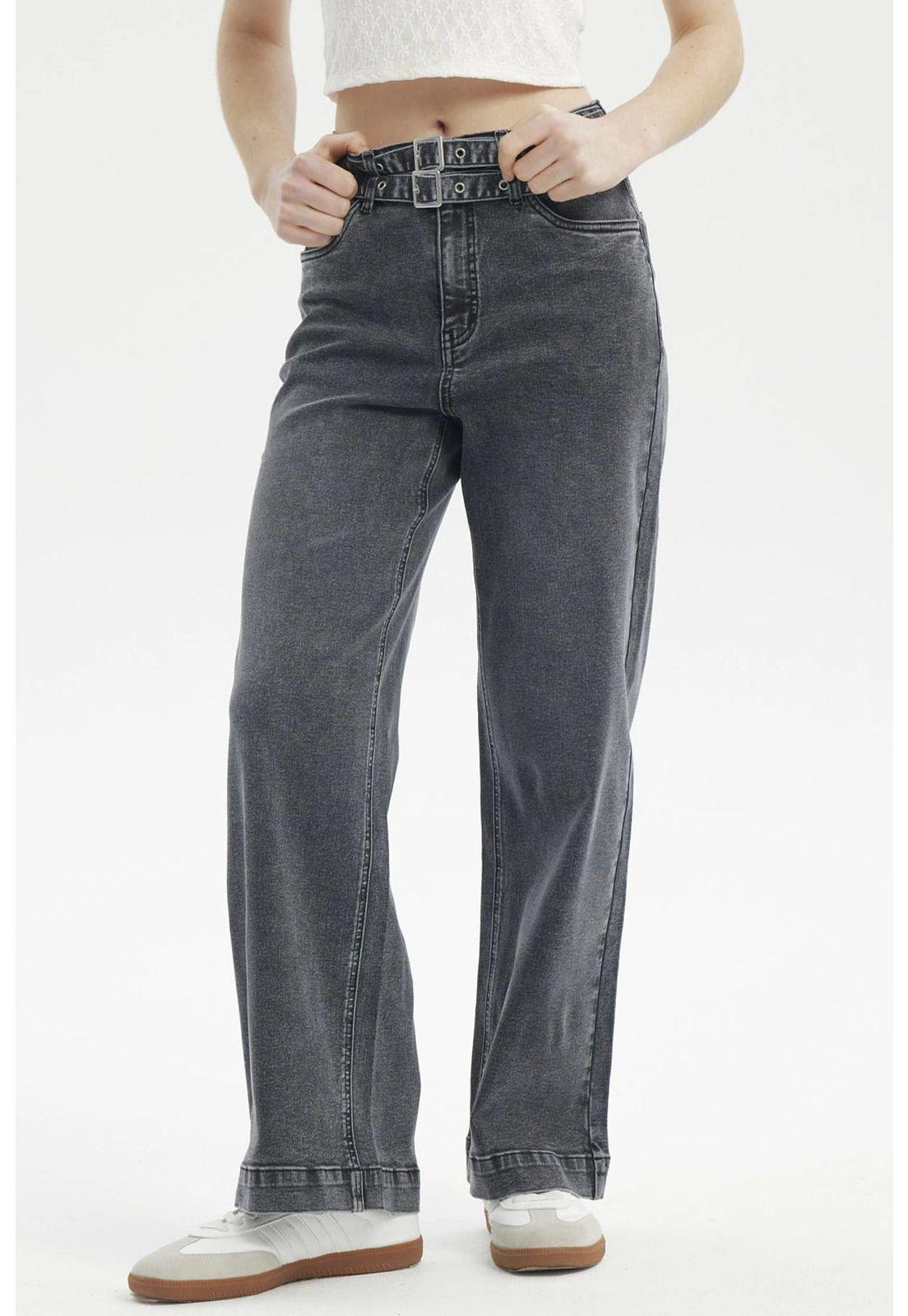 Jeans Mujer Calce Recto Doble Cintura Gris-1
