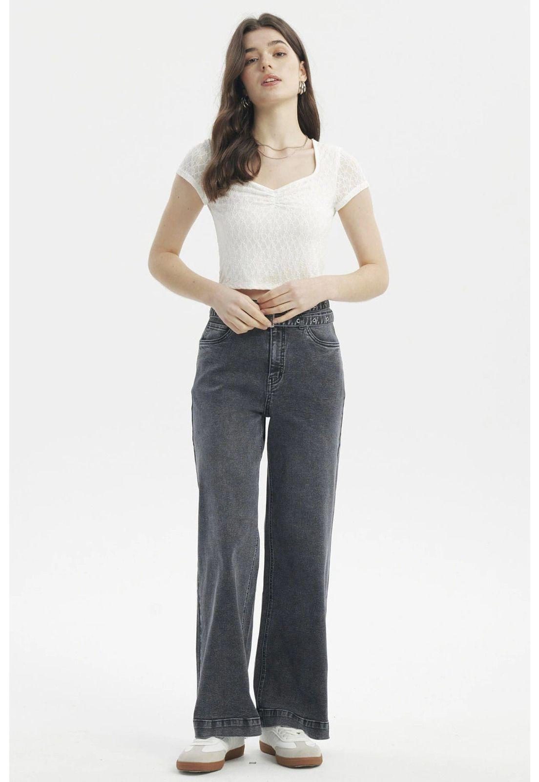 Jeans Mujer Calce Recto Doble Cintura Gris-3