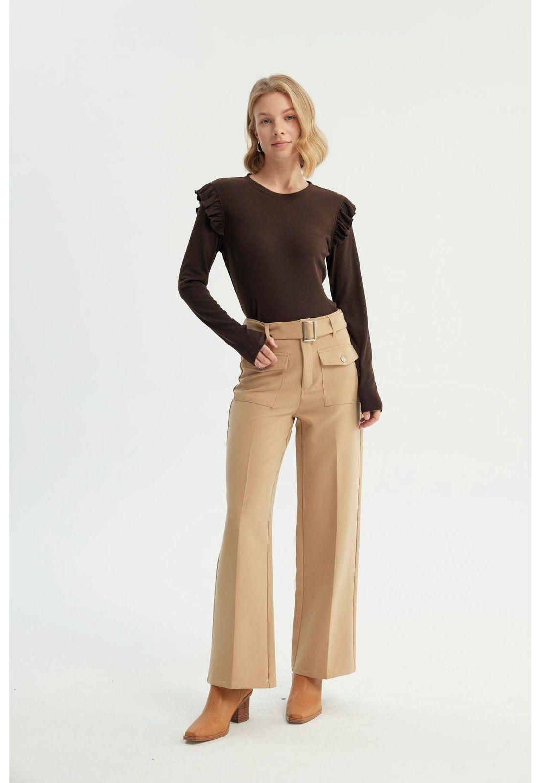 Pantalón Mujer Wide Leg Beige - V-3