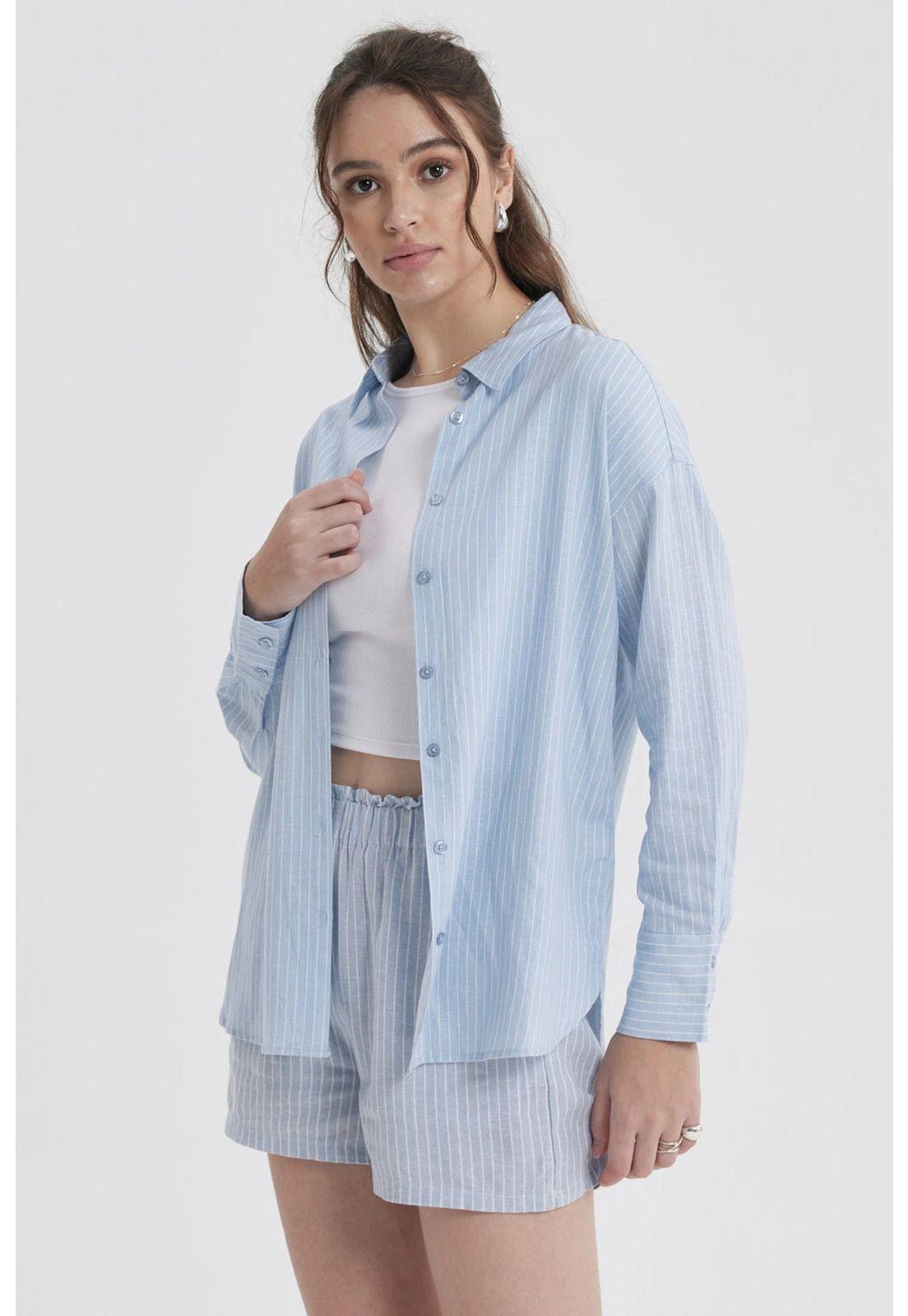 Blusa Mujer Lino Crop Celeste-0