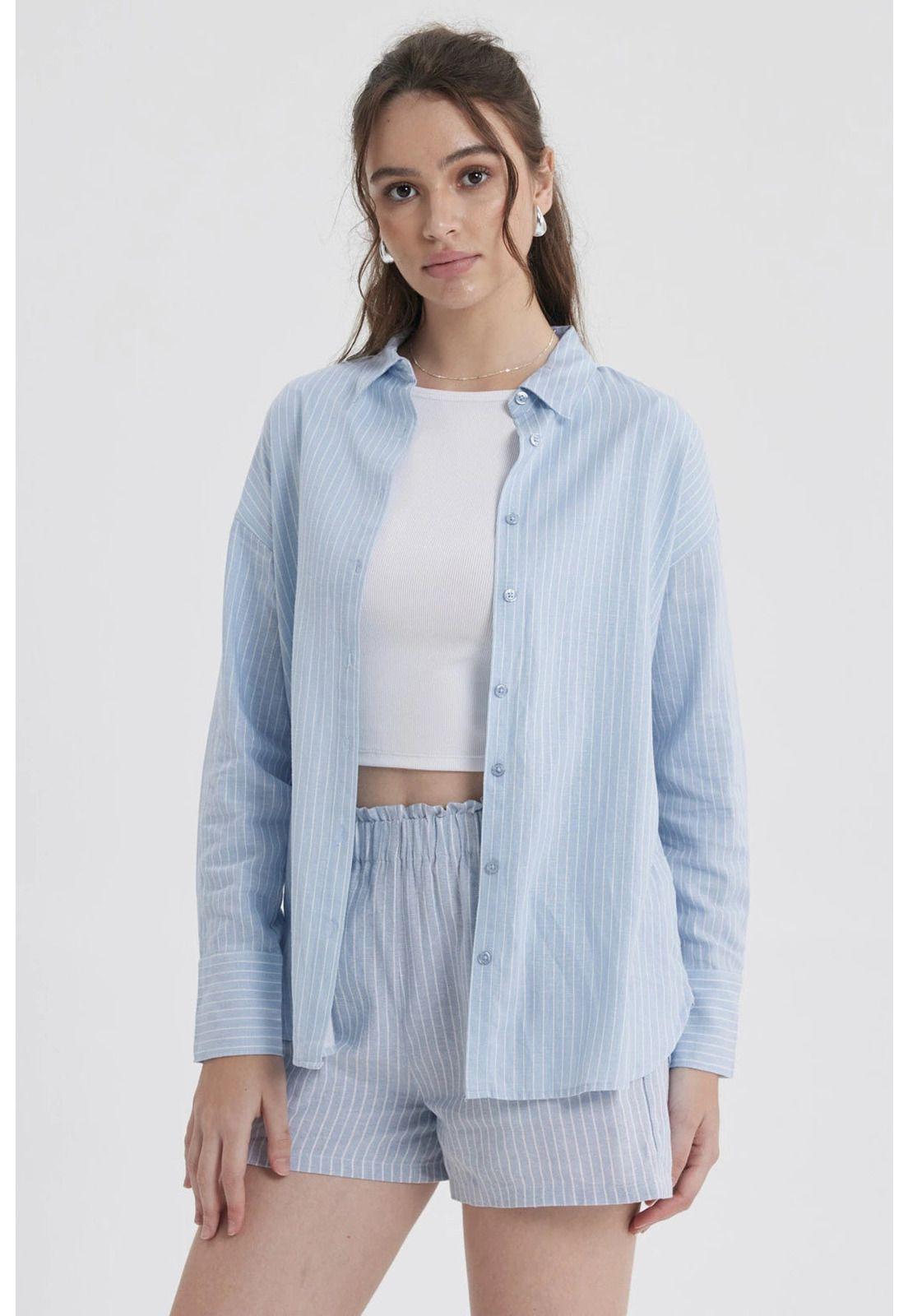 Blusa Mujer Lino Crop Celeste-1
