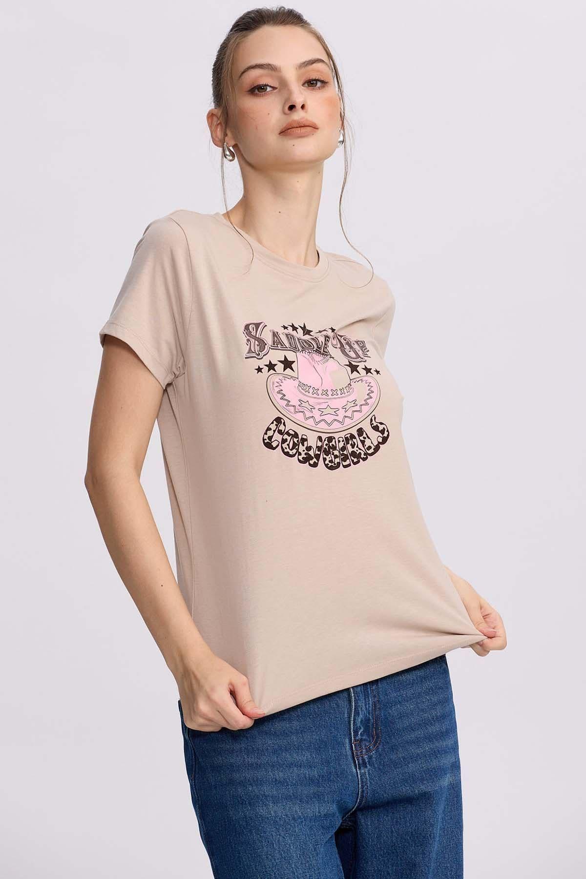 Polera Mujer Básica Print Beige II-0