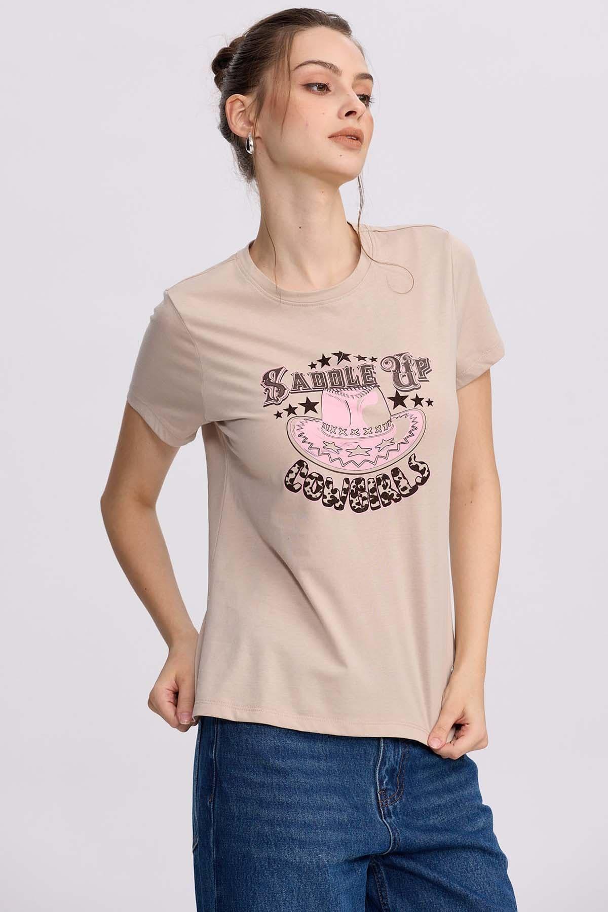 Polera Mujer Básica Print Beige II-1