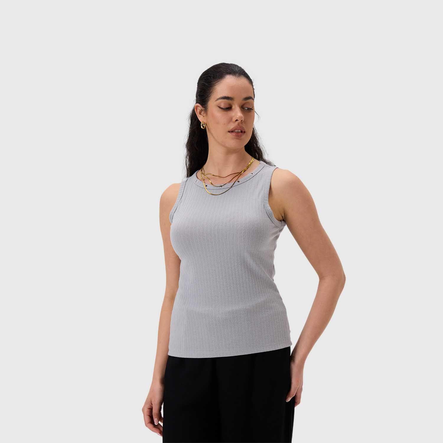 Polera Mujer Aplicación Ojetillo Gris Fashion's Park-1