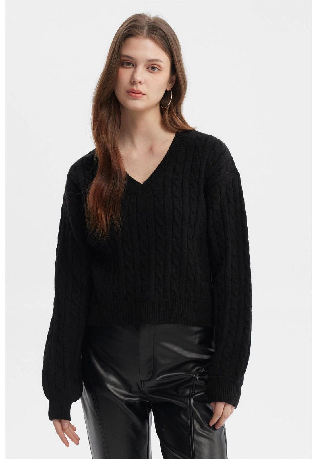 Sweater Mujer Cuello V Lisos Negro-0