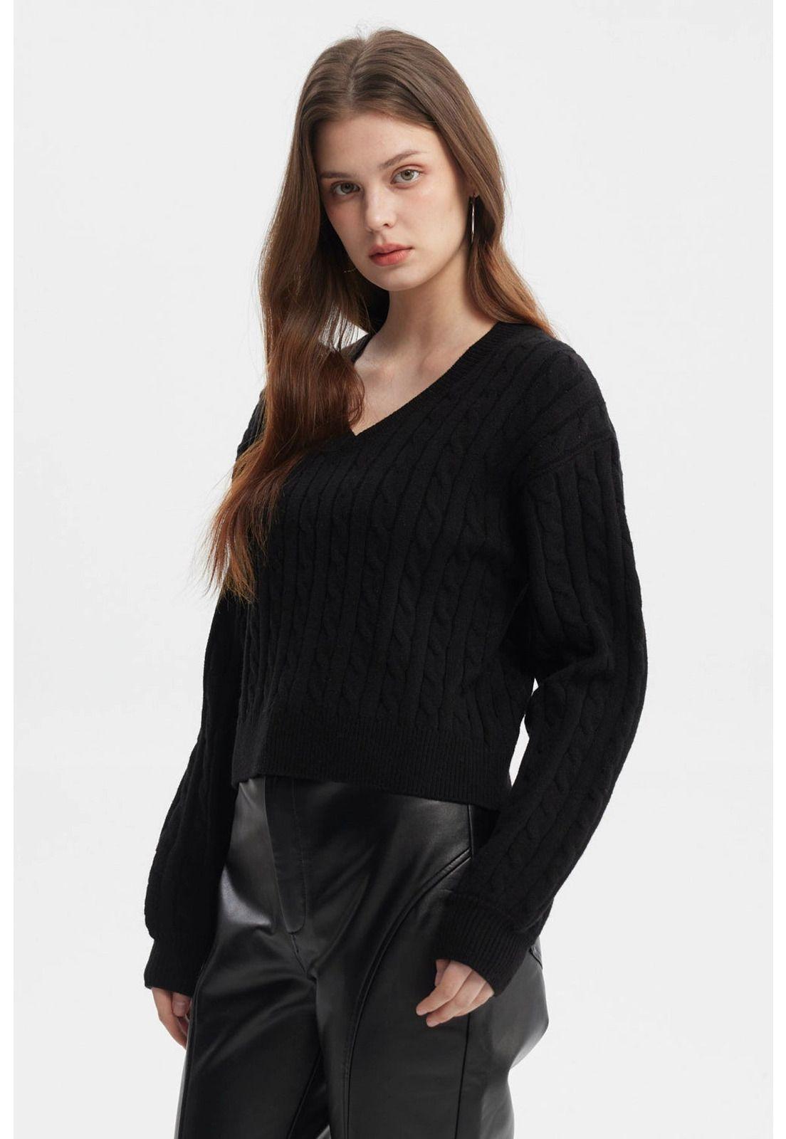 Sweater Mujer Cuello V Lisos Negro-1