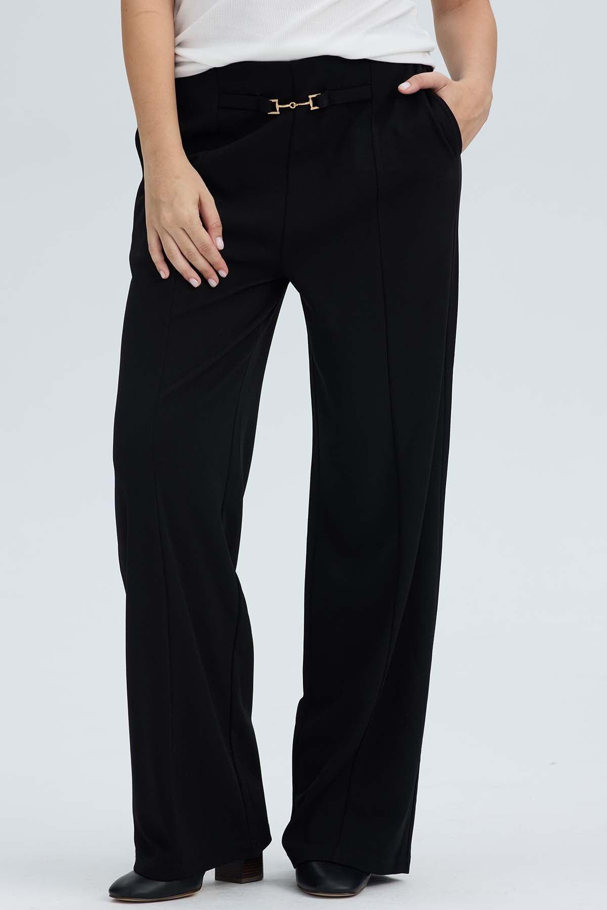 Pantalón Mujer Con Hebilla Calce Palazzo Negro-0