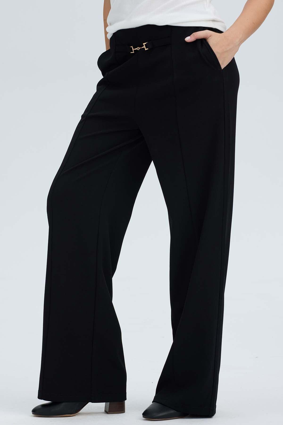 Pantalón Mujer Con Hebilla Calce Palazzo Negro-1