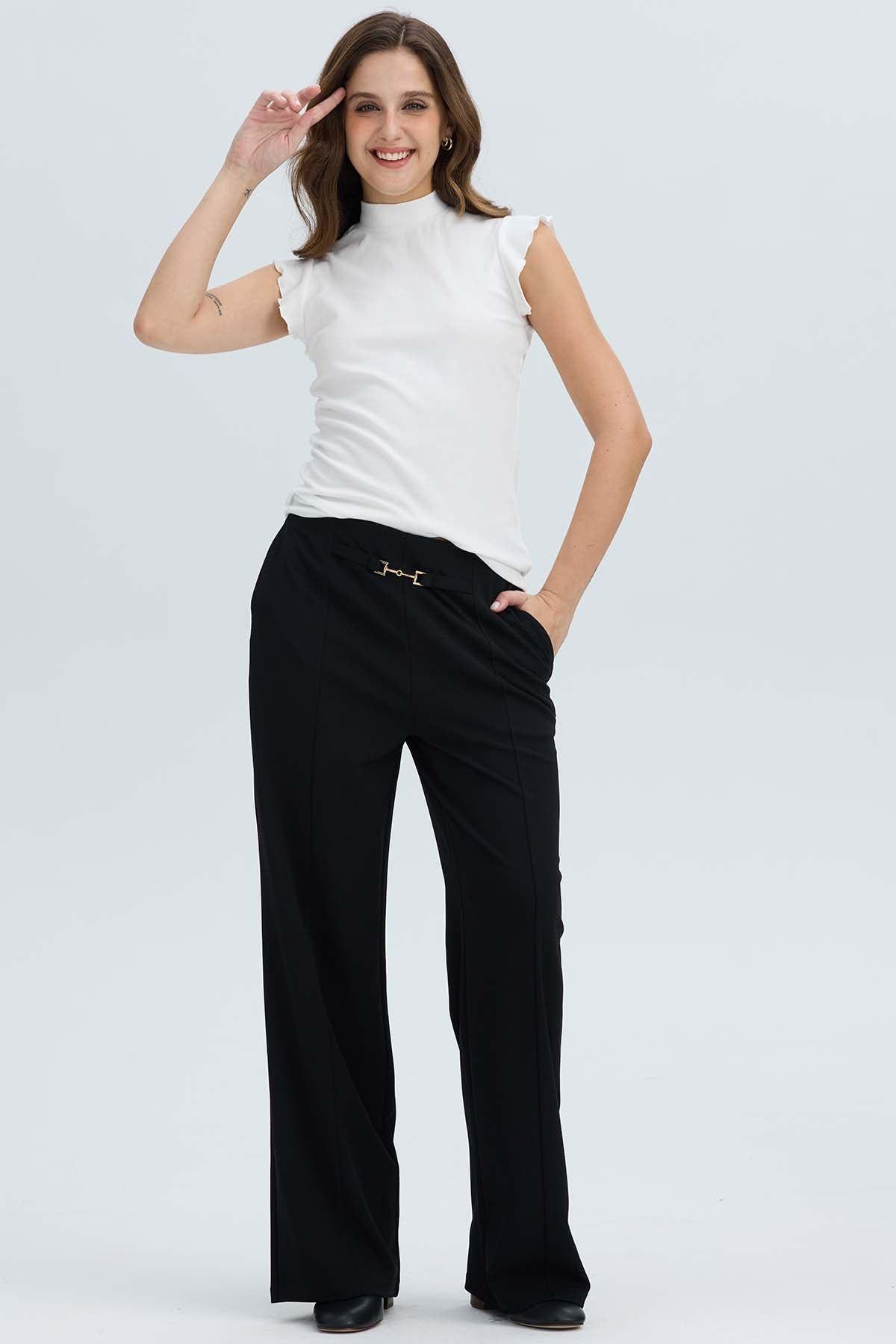 Pantalón Mujer Con Hebilla Calce Palazzo Negro-3
