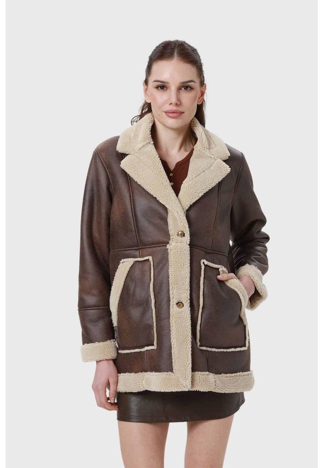Abrigo Mujer Efecto Cuero Bonded Pelo Interior Café-0