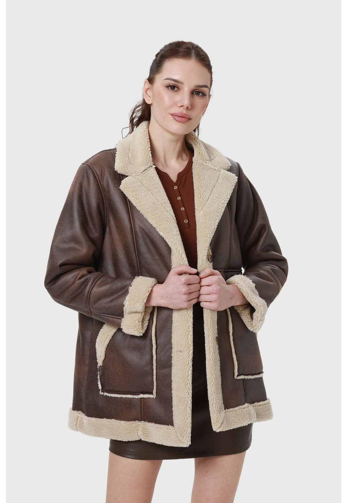 Abrigo Mujer Efecto Cuero Bonded Pelo Interior Café-1