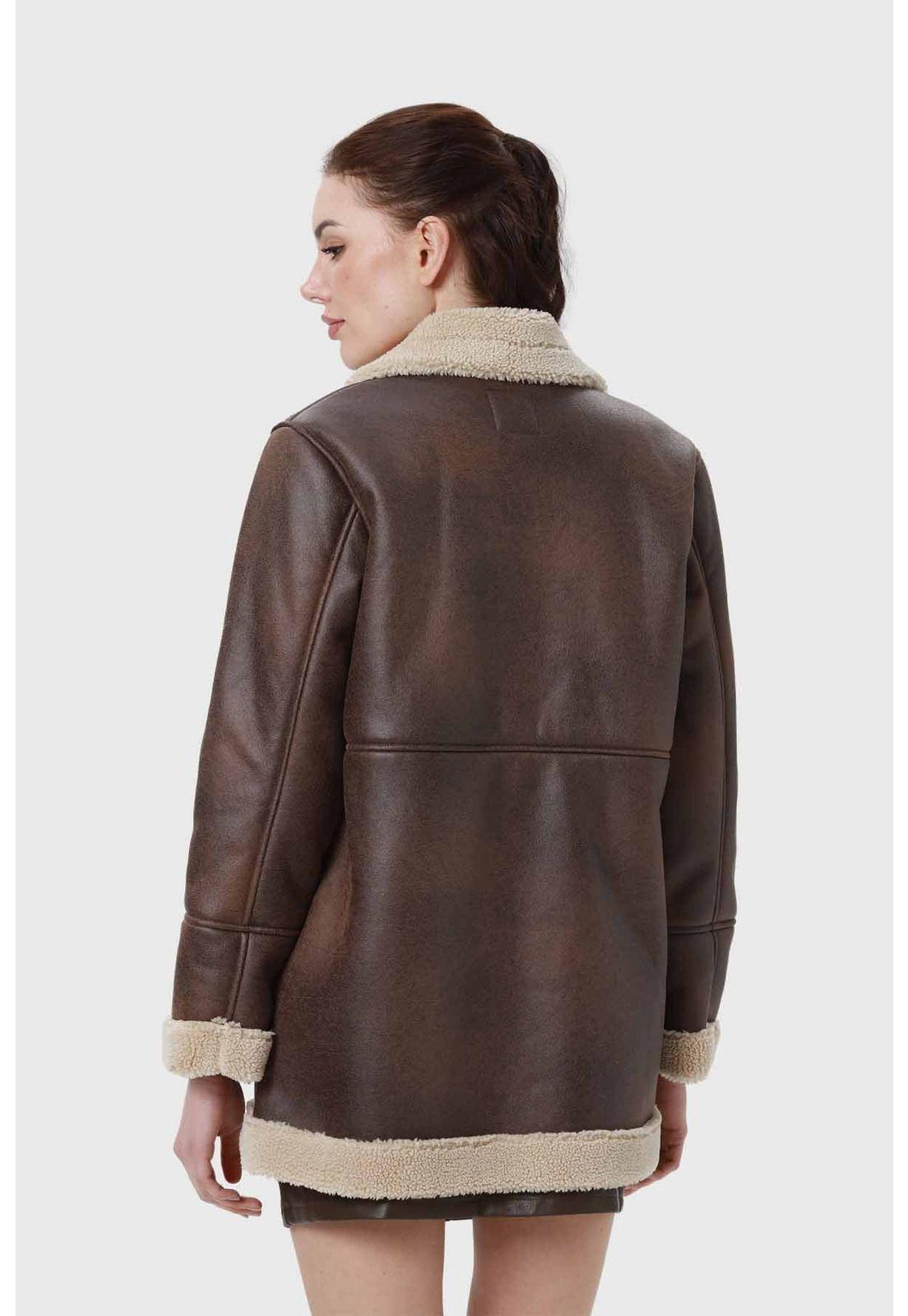 Abrigo Mujer Efecto Cuero Bonded Pelo Interior Café-2